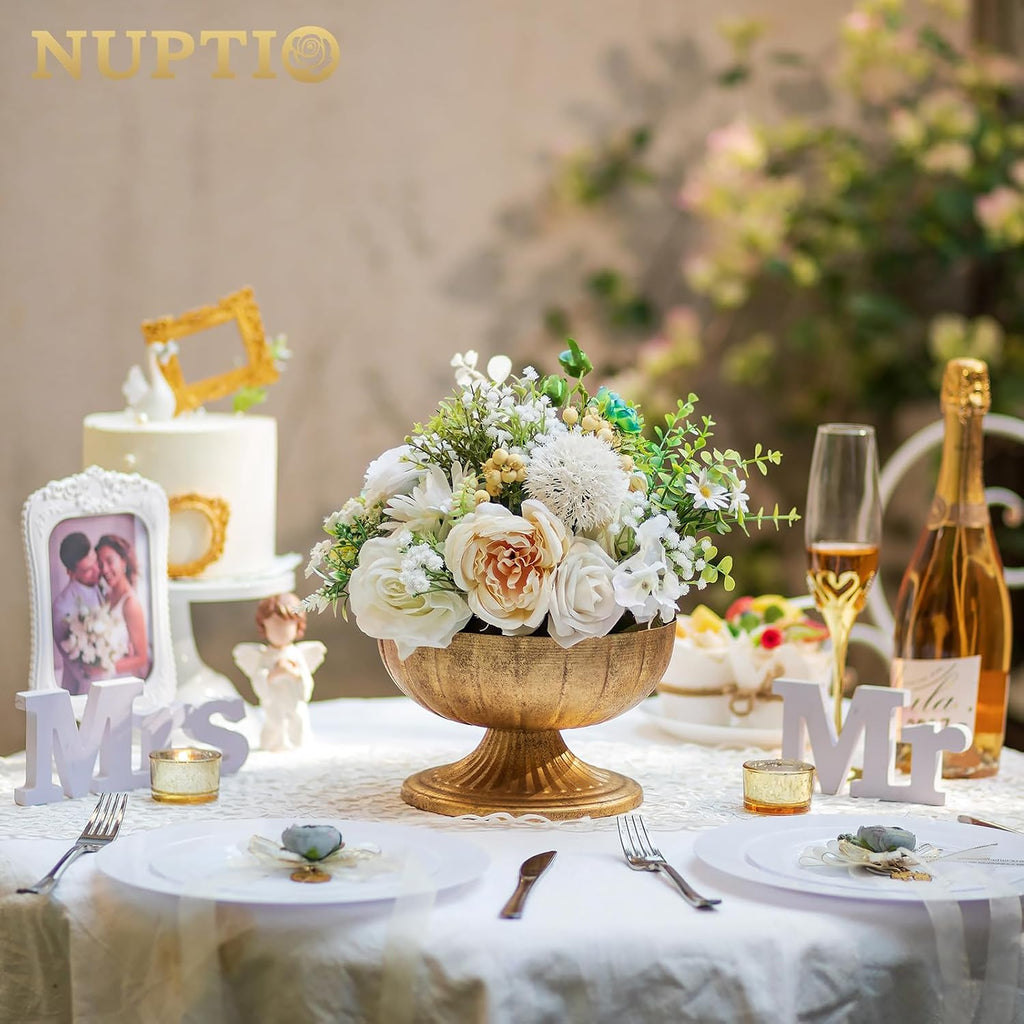Gold Compote Vase for Centerpiece, 8.5" Wide Opening, 10 Pcs | Distressed Brass Urn, Short Pedestal Footed Bowl, for