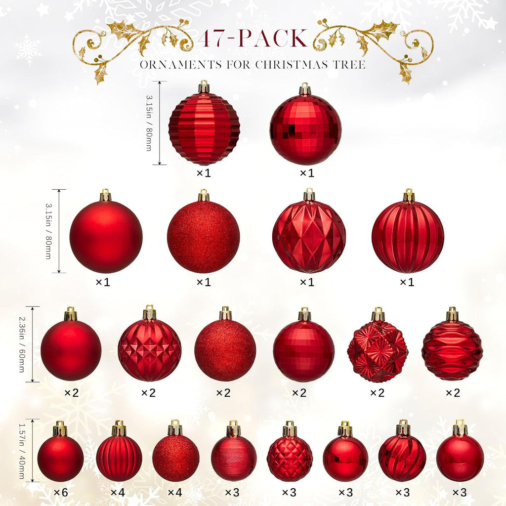 Christmas Tree Balls Ornaments, Red - Set of 47
