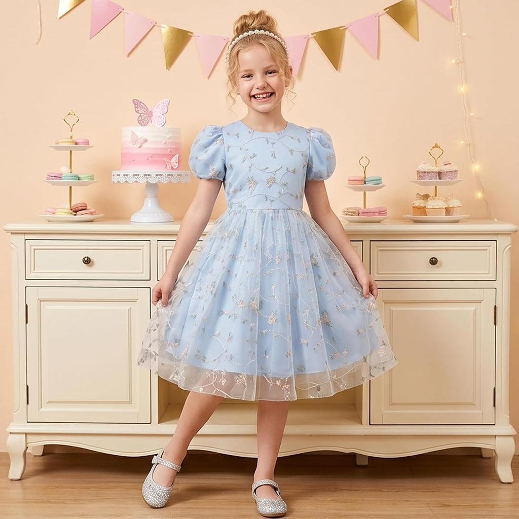 Kids Girls Short Sleeve Embroidery Floral Lace Tulle Dress