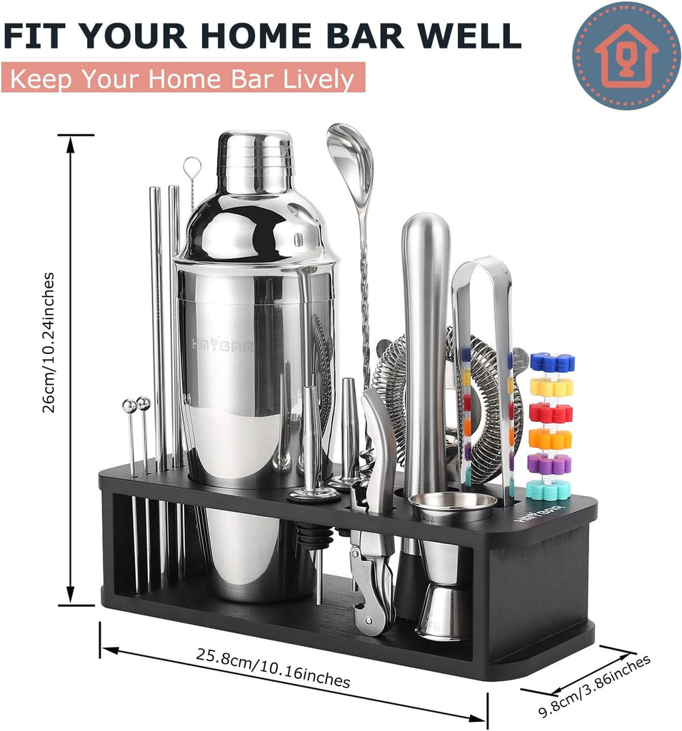 22-Piece Cocktail Shaker Set, Mixology Bartender Kit with 24oz Cobbler Shaker, Home Bar Tool Set with Black Bamboo - Set of 22