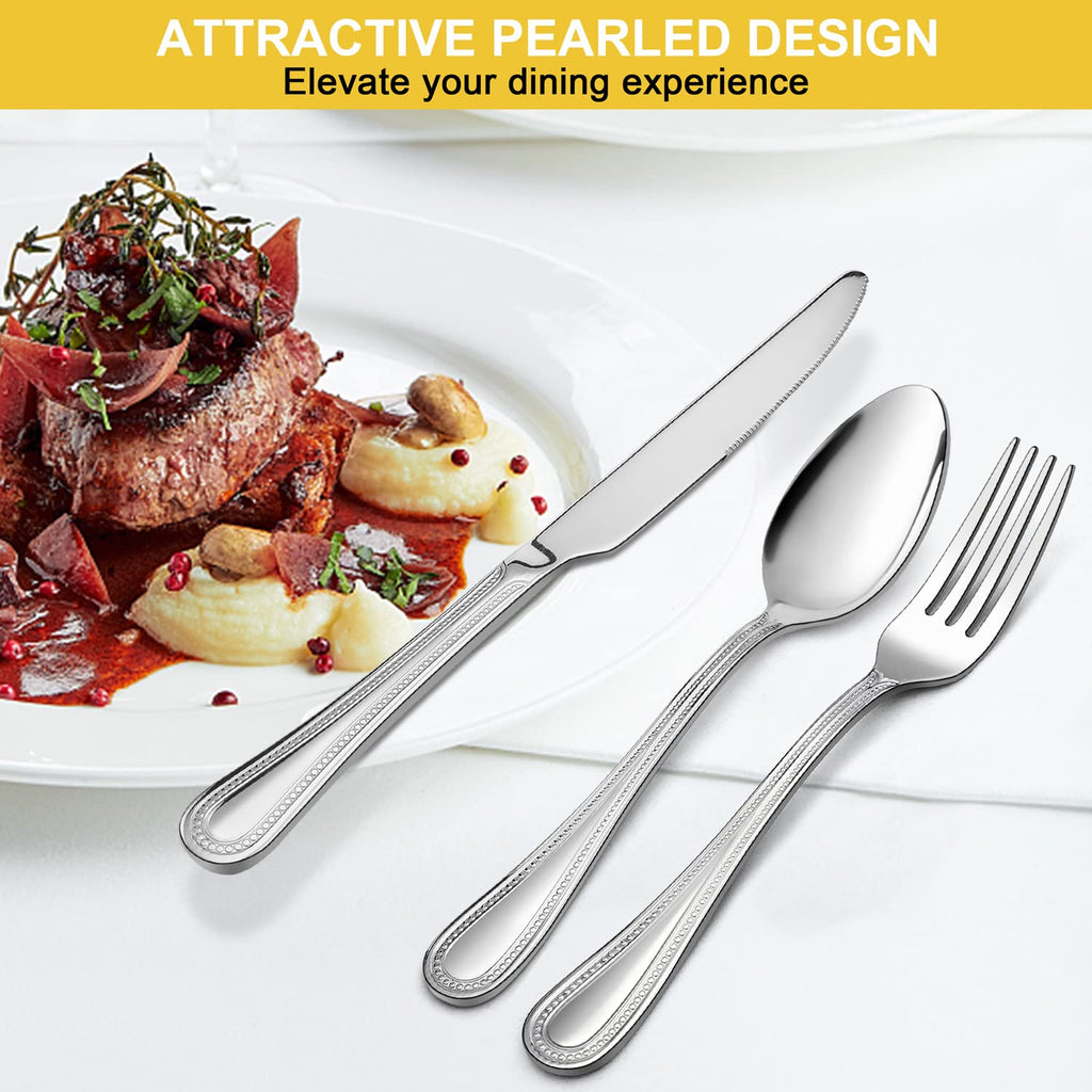 60-Piece Silverware Set for 12, Stainless Steel Flatware Cutlery Set with Pearled Edge, Include Forks Spoons and