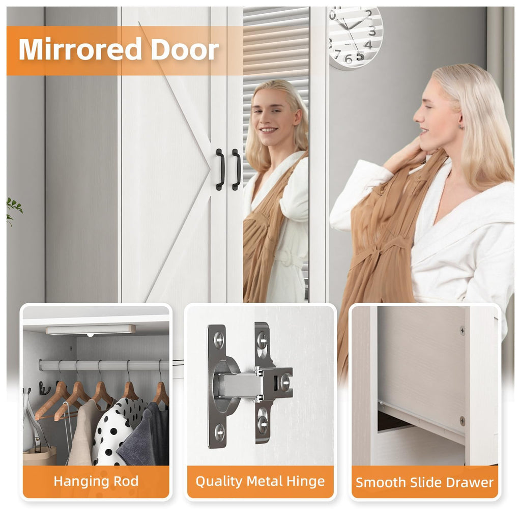 72" Armoire Wardrobe Closet with Mirror Door and LED Lights, Farmhouse Bedroom Armoire with Drawers and Adjustable