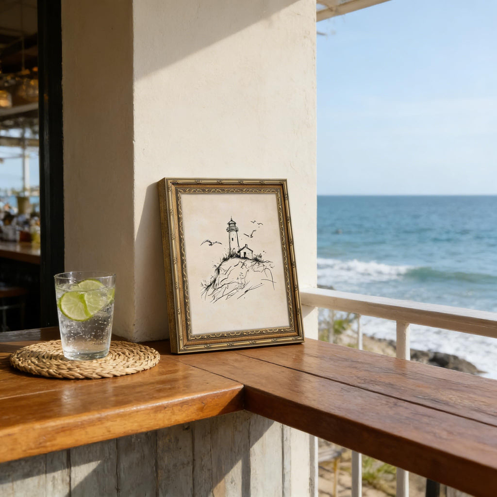 Gold Framed Wall Art, Vintage Coastal Lighthouse Sketch Canvas Prints - Rustic Nautical Summer Beach Pictures