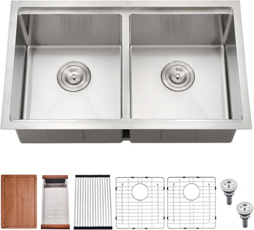 32x19 Inch Undermount Double Bowl Kitchen Sink | Workstation Design,16 Gauge Stainless Steel,10 Inch Deep