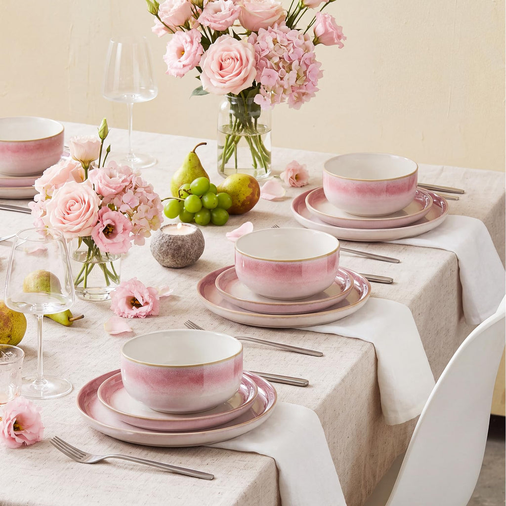 Dinnerware Set for 4, Pink Reactive Glaze Plates and Bowls Sets