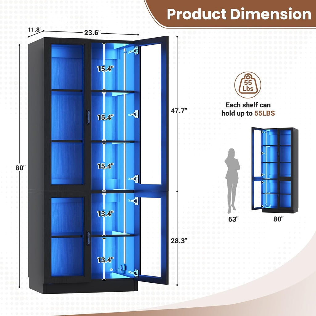 80" Display Cabinet with Glass Doors, 5-Tier Tall Bookcase with LED Light, Glass Display Case with Adjustable