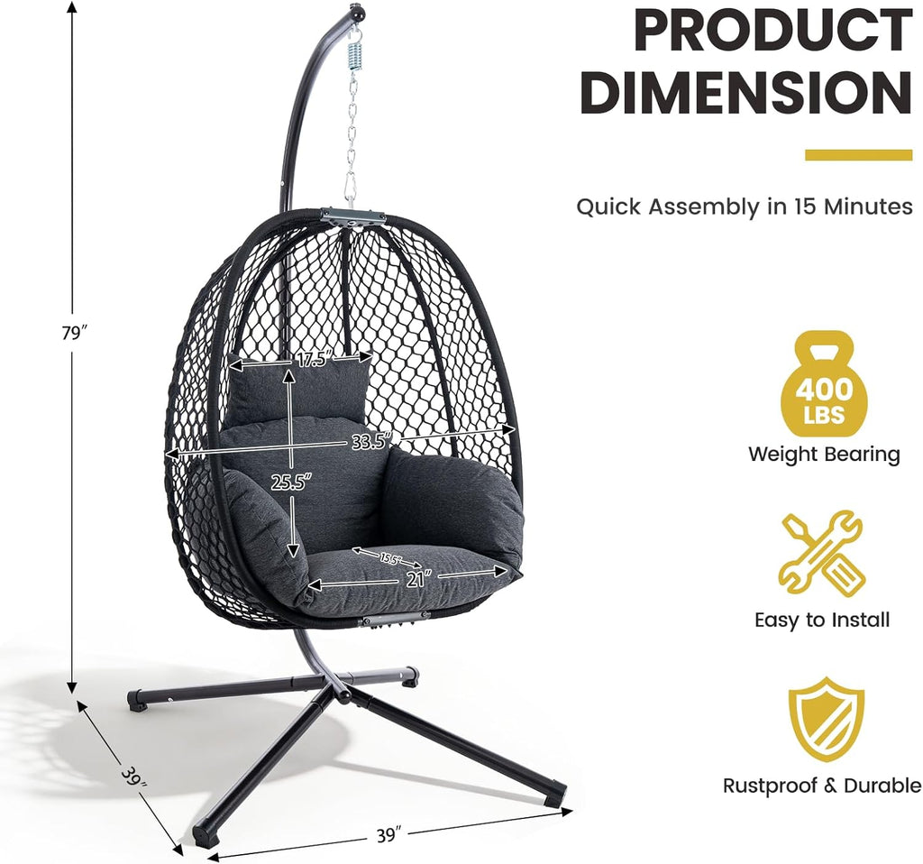 Egg Chair Outdoor with Stand, 400lbs Wicker Hanging Egg Swing Chair, Porch Swing Rocking Chair with Thick Cushion