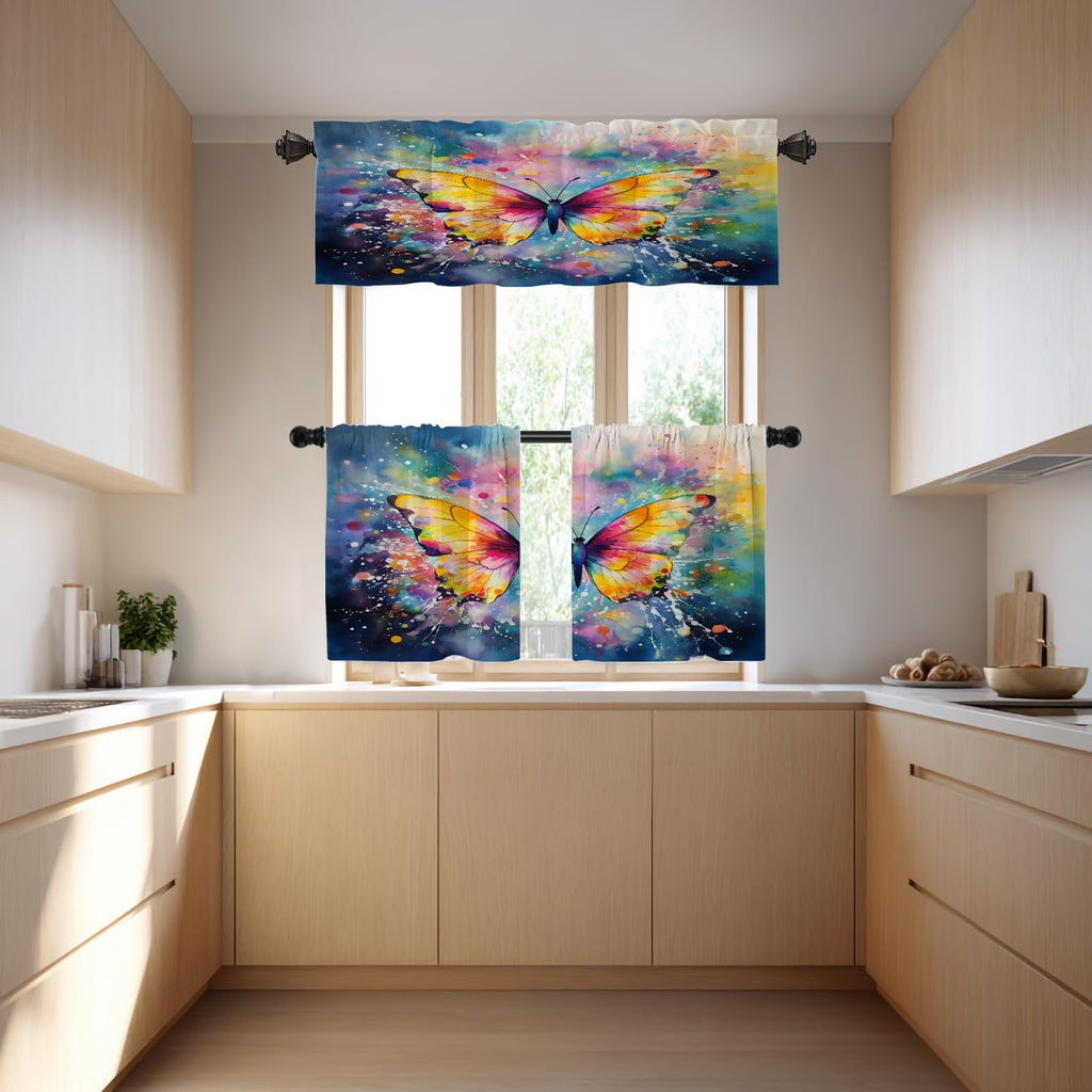 Butterfly Colors Blackout Kitchen Curtain, Colorful Butterfly in Flight Window Treatment Rod Pocket Light Filtering