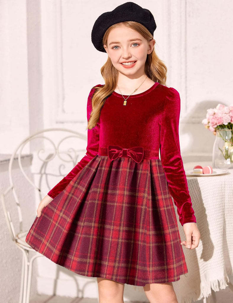 Girls Long Sleeve Velvet Plaid Patchwork Party Dress with Pockets