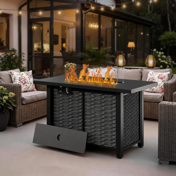 43" Propane Fire Pit Table with Glass Wind Guard & Lid, 50, 000 BTU Outdoor Gas Fireplace, Weather-Resistant