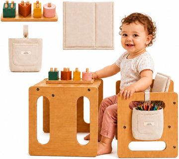 Weaning Table & Chair Set - Kids Desk & Activity Table with Flip Chair, Removable Cushion, Hanging Pouch & Toy