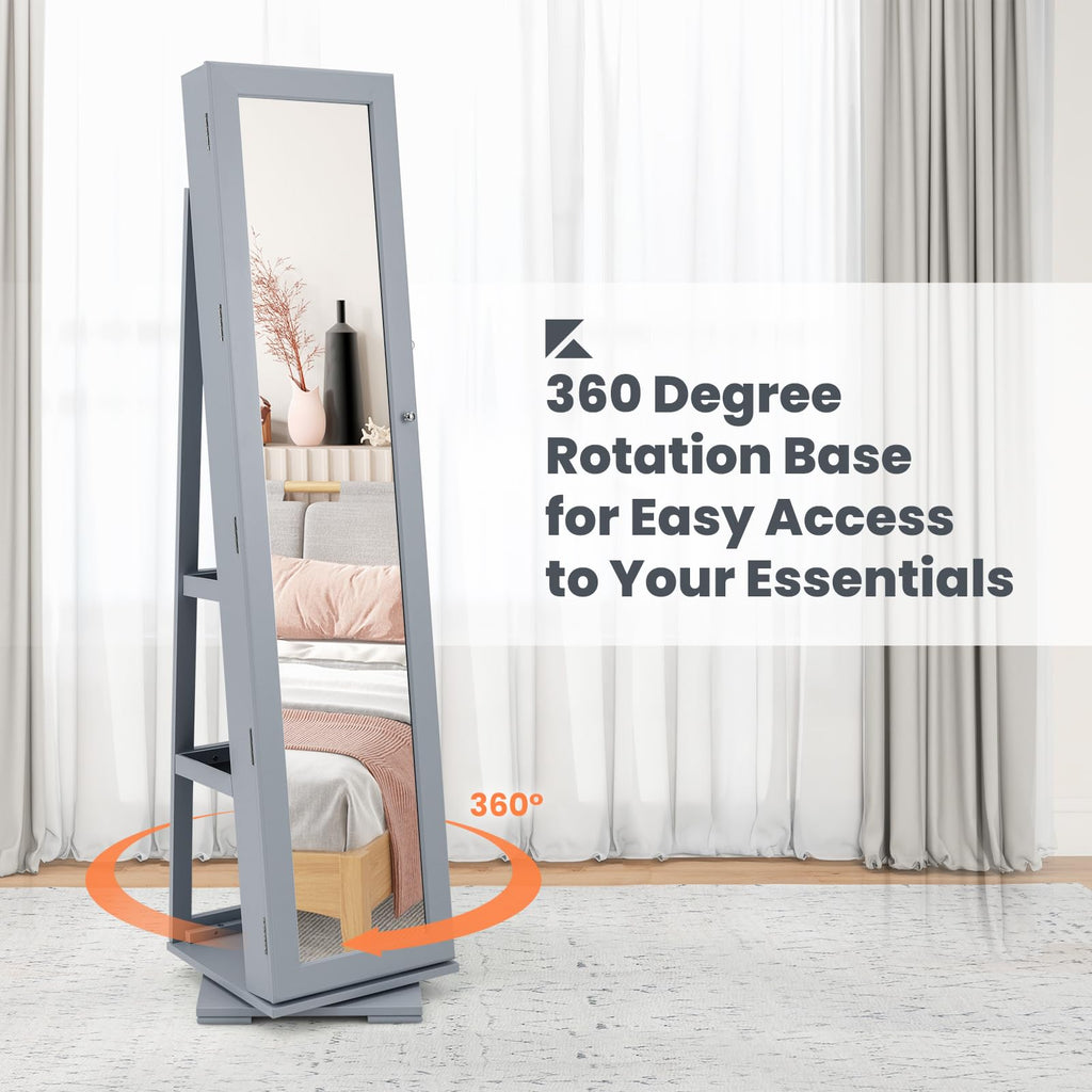 360 Rotating Jewelry Armoire Cabinet, Standing Jewelry Organizer w/Full-Length Mirror & Large Storage Space, Lockable