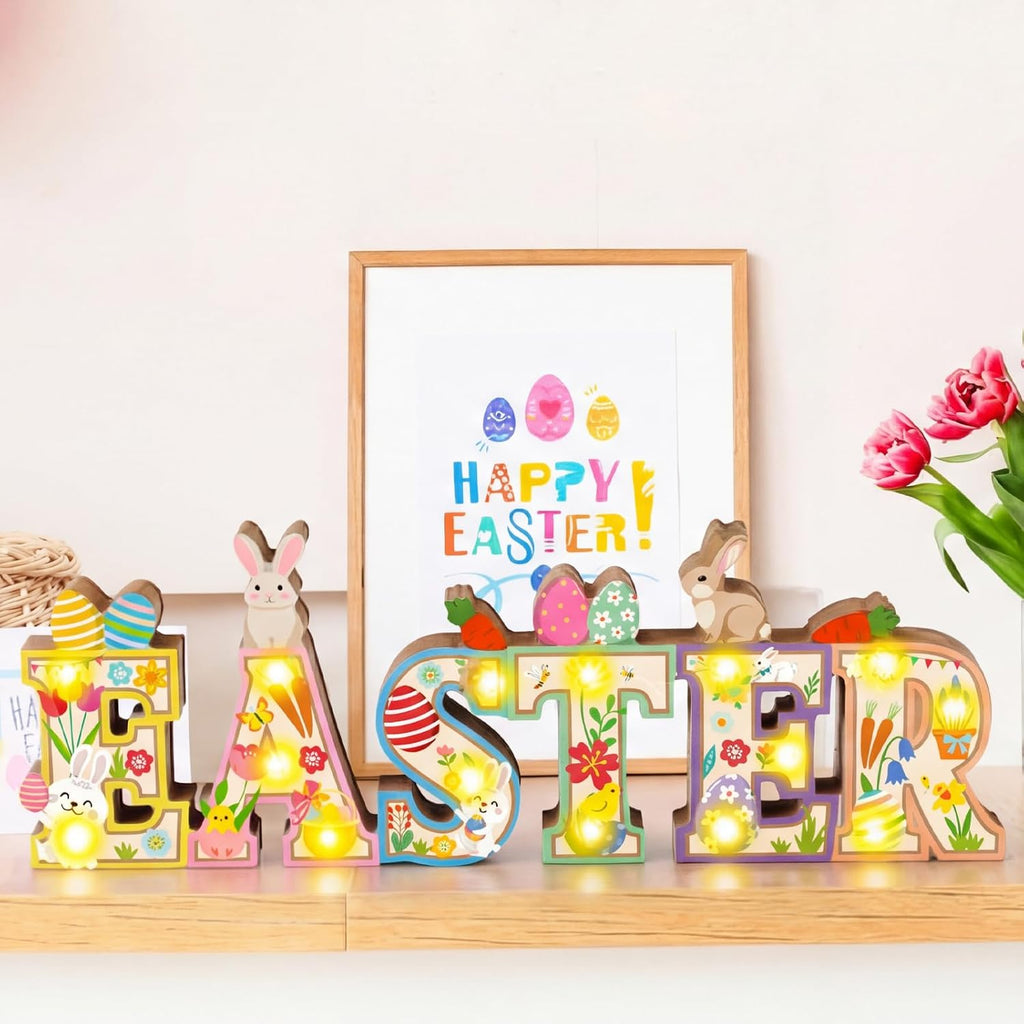 Easter Table Decoration Wooden Sign with LED Lights Easter Lighted Decor Rustic Farmhouse Table Centerpiece with 3D