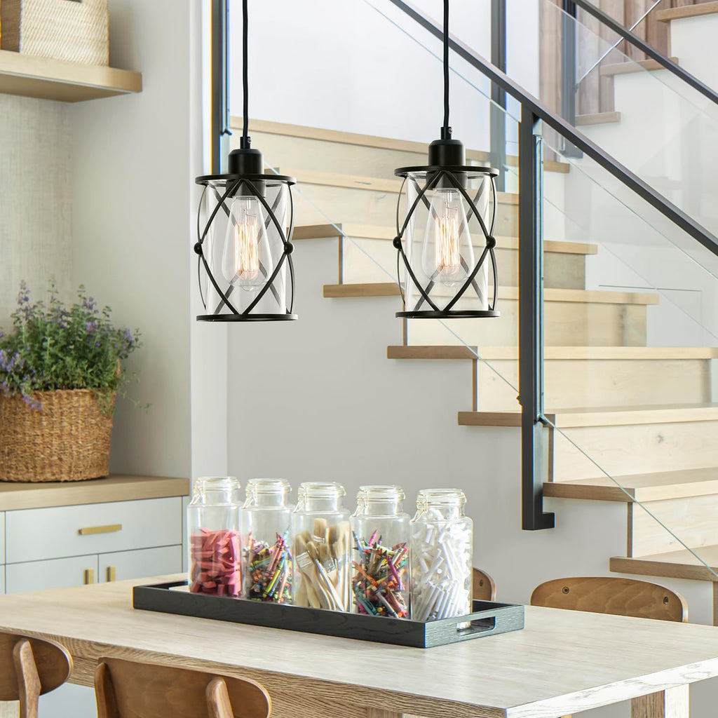 H-Type Black Track Lighting Pendant with Dotted Cage Clear Glass, Adjustable Hanging Light, E26 Socket, Pack of 3