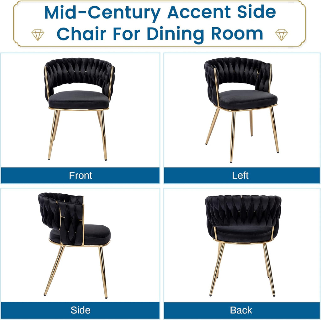 Velvet Dining Chairs Set of 2, Gold Modern Dining Chair with Metal Legs, Woven Upholstered Dining Chairs for Dining