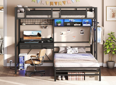 Twin Over Twin Bunk Bed with Desk with 3 Drawers & Storage Shelves, Twin Bunk Bed with Charging Station & LED Lights