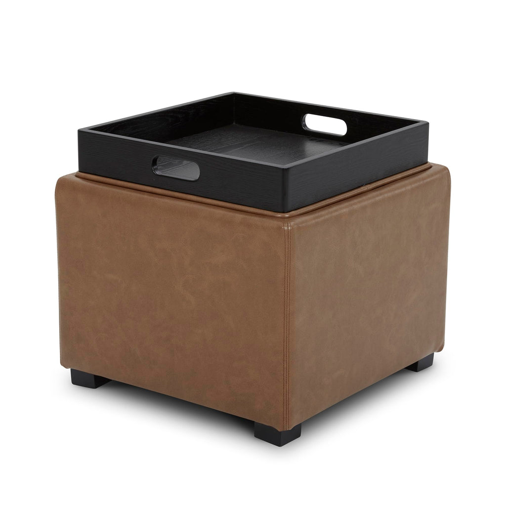 Storage Ottoman Cube with Tray Lid, Set of 2, Small Footstool with Storage, Square End Table, Faux Leather in Saddle