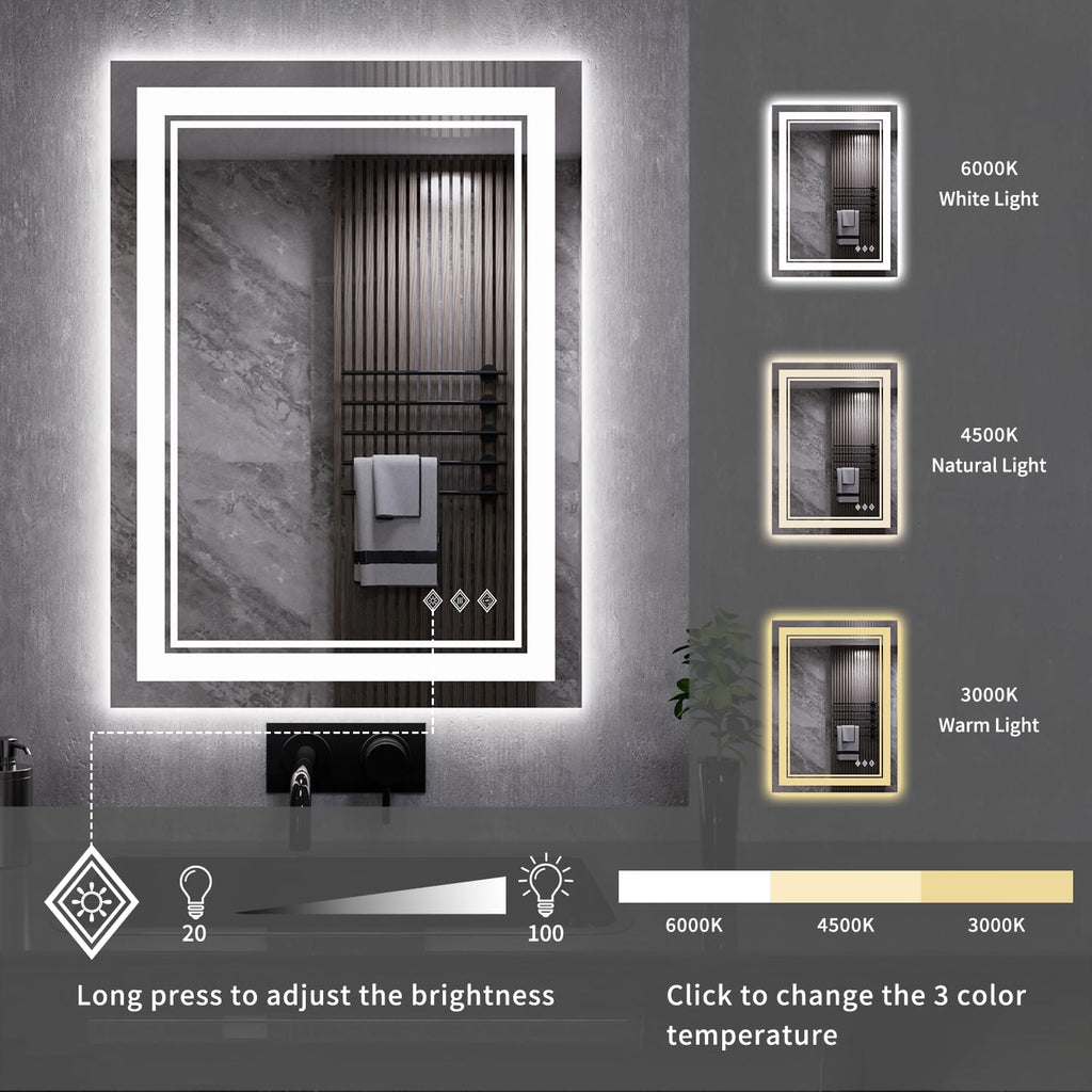 LED Mirror, 20x28 Inch Gradient Front and Backlit LED Bathroom Mirror, 3 Colors Dimmable CRI>90, IP54 Enhanced