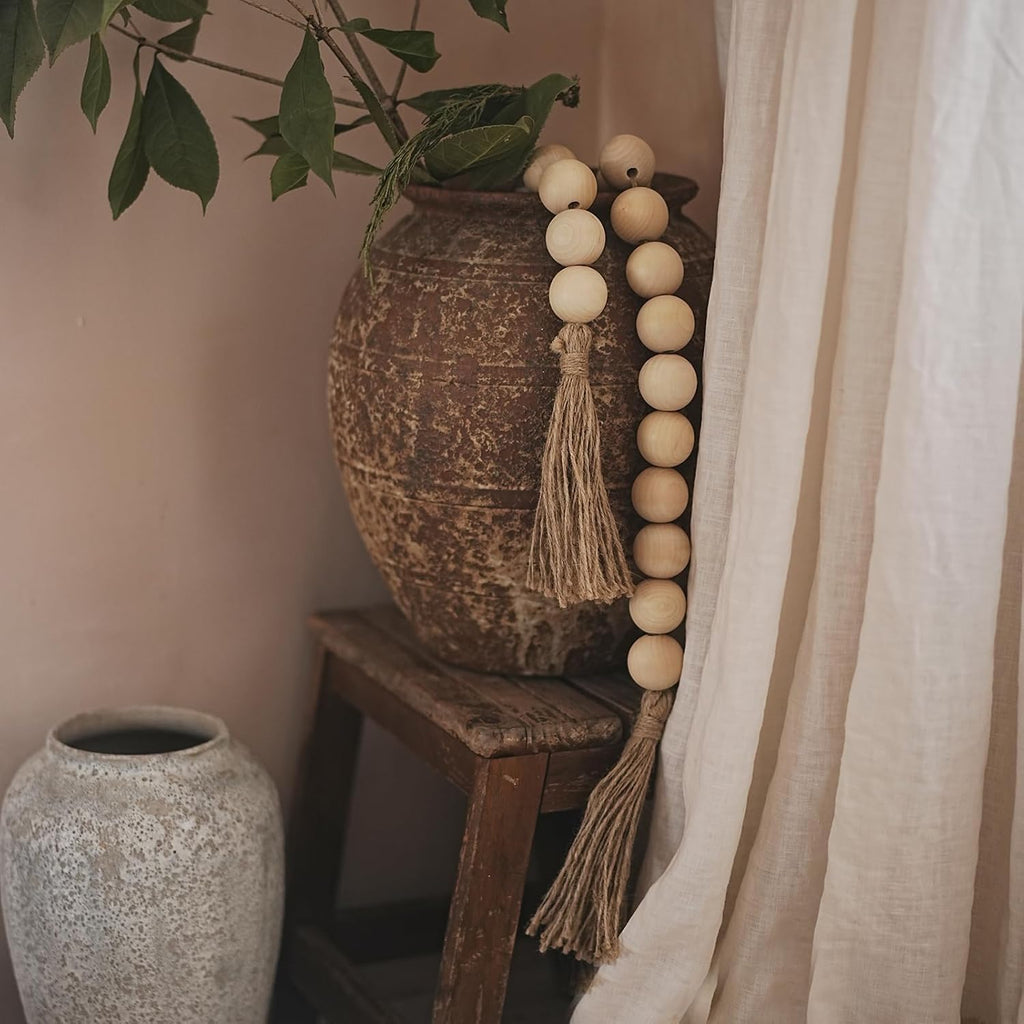 Extra Large Wood Bead Garland with 1.6" Diameter Wood Beads, Wooden Beads Garland with Tassels, Decorative Beads