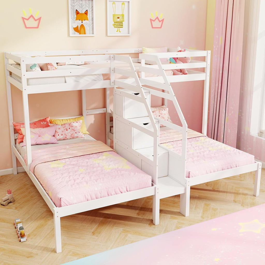 Triple Bunk Bed with Stairs, Twin Over Twin & Twin Bunk Bed Frame with Guardrail & Storage