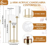 6 Set Wedding Gold Candelabra Centerpieces for Tables, 3 Arm Tall Acrylic Candle Holder Centerpiece with Clear Shades
