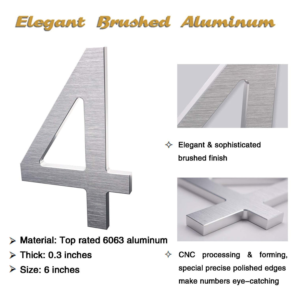 6 Inch Modern House Numbers- Premium Aluminum Floating Home Address Number with Exquisite Drawing Process, Silver