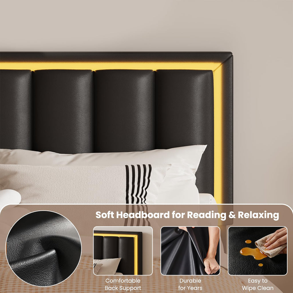 Queen Size Bed Frame with Headboard and 4 Storage Drawers, Faux Leather Upholstered Platform Bed with LED Lights