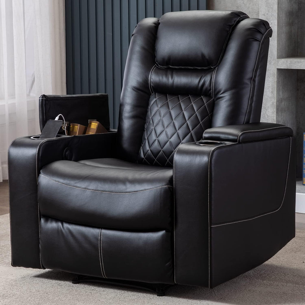 Electric Power Recliner Chair with USB Ports and Cup Holders, Breathable Leather Home Theater Seating with Hidden Arm