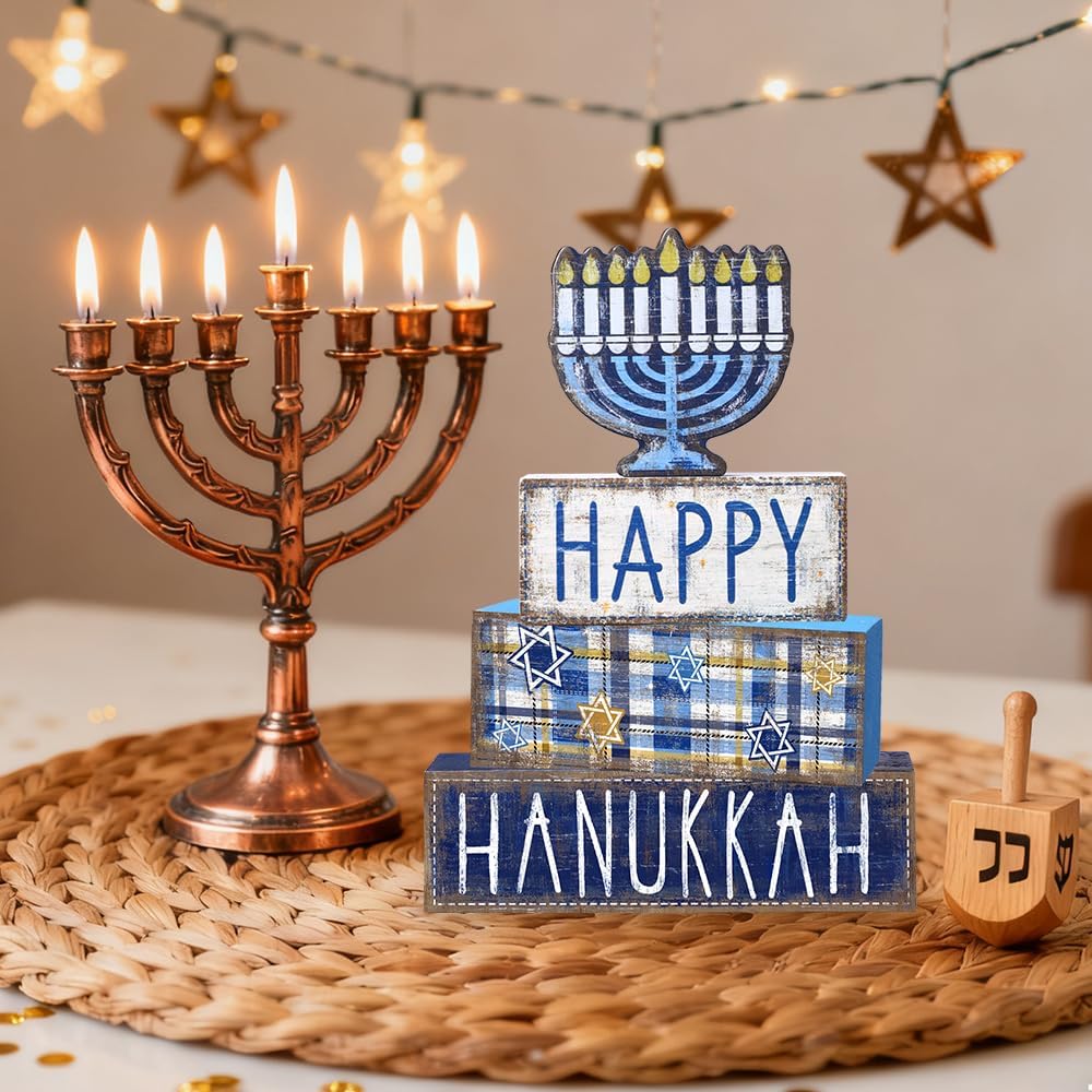 Hanukkah Table Decoration Happy Hanukkah Wooden Block Wooden Decoration Chanukah Table Centerpiece Sign Jewish - Set of 4