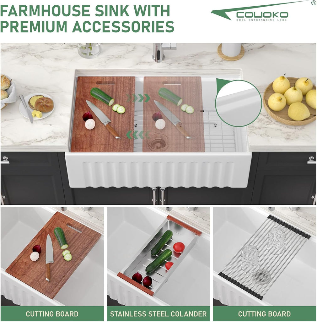 33" White Fireclay Farmhouse Sink Workstation | Reversible Apron Front, Single Bowl, Engineered with Sloped Bottom