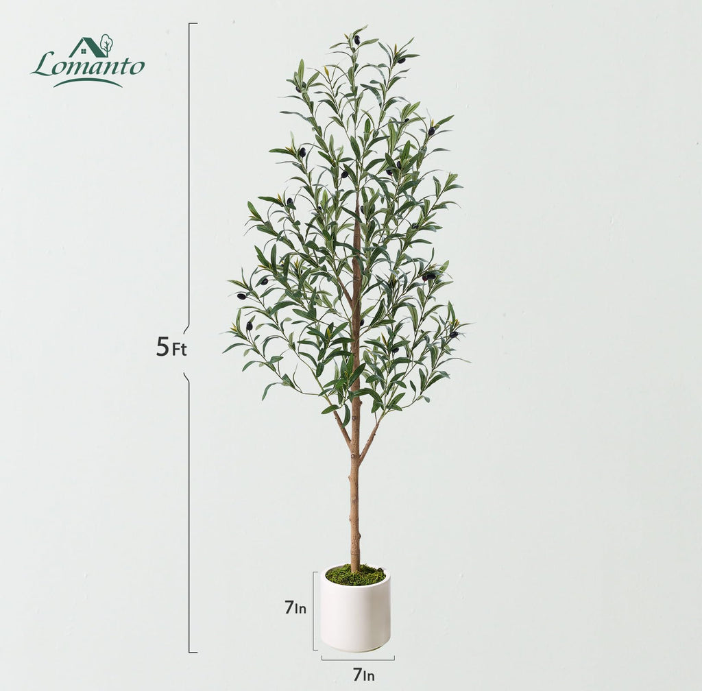 Artificial Olive Tree 5FT - Lifelike Faux Plants Indoor, Modern Fake Trees with Silk Leaves & White Planter, Fake