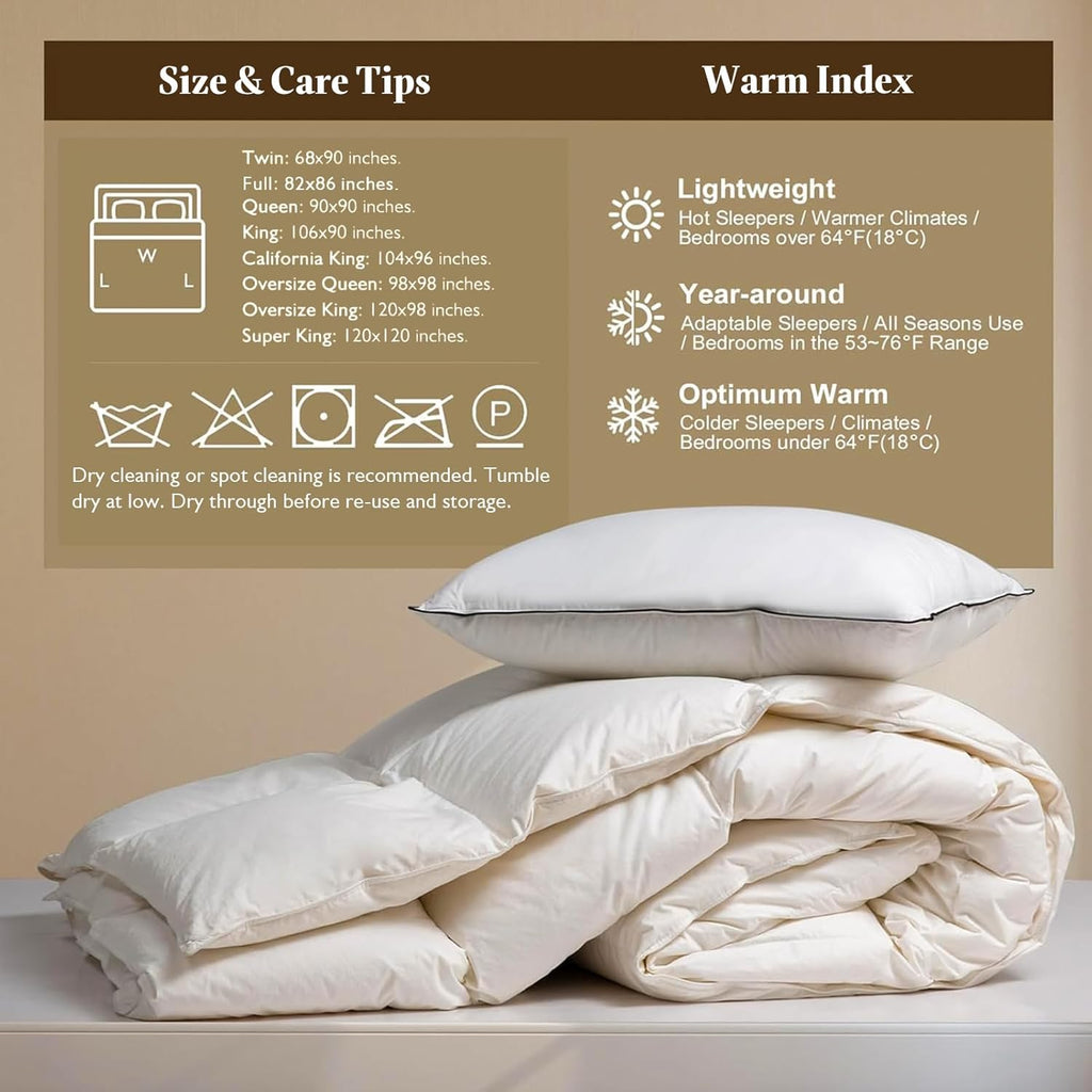 Feather Down Comforter Queen, Hotel-Luxury Fluffy Duvet Insert with Organic Cotton Cover and Puffy F