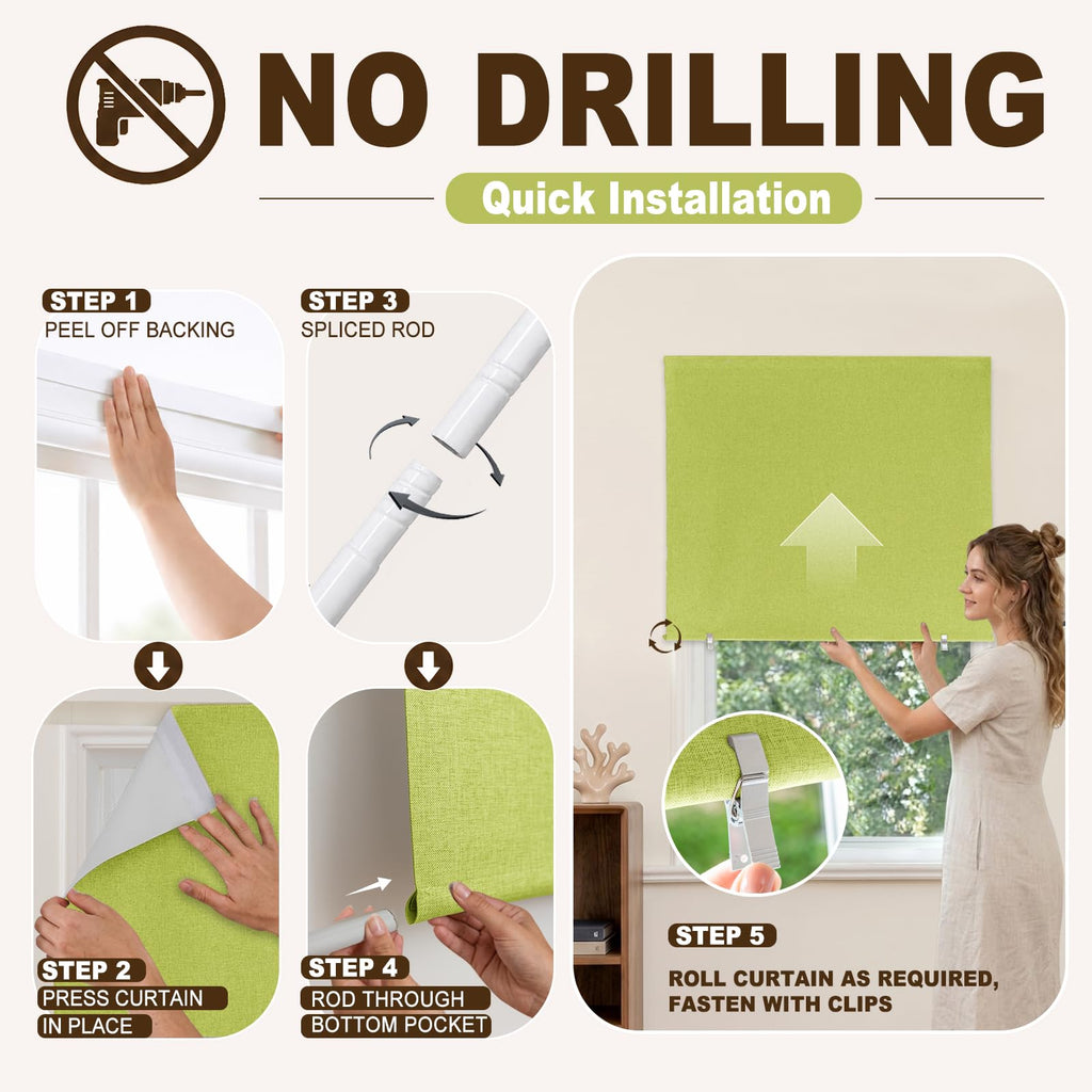 Wide 100% Blackout Roller Shades No Drill, Fruit Green