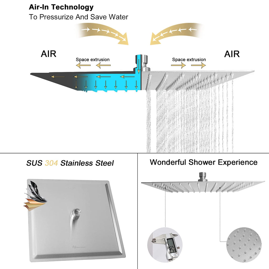 Rain Shower Head, High Flow Stainless Steel Square Rainfall Shower, High Pressure Design, Awesome Shower Experience