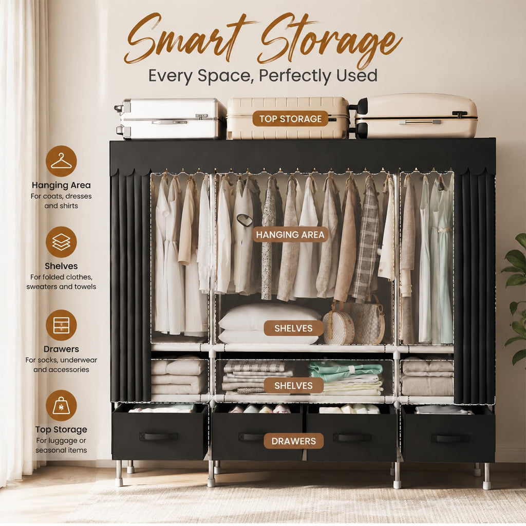 Portable Closet with Drawers 55" Wardrobe Closet Black