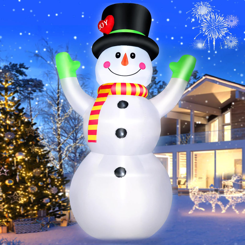 10FT Christmas Inflatables Snowman Wear Magic Hat, Blow Up Outdoor Decorations, Giant Snow Man Built-in Bright LED