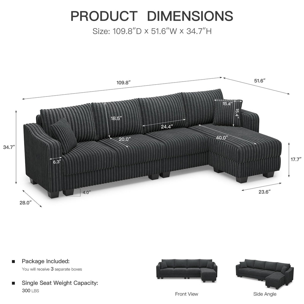 Sectional Couch with L-Shape Chaise L Shaped Couch with Ottoman Sectional Couches Corduroy (Dark Grey, L Shaped)