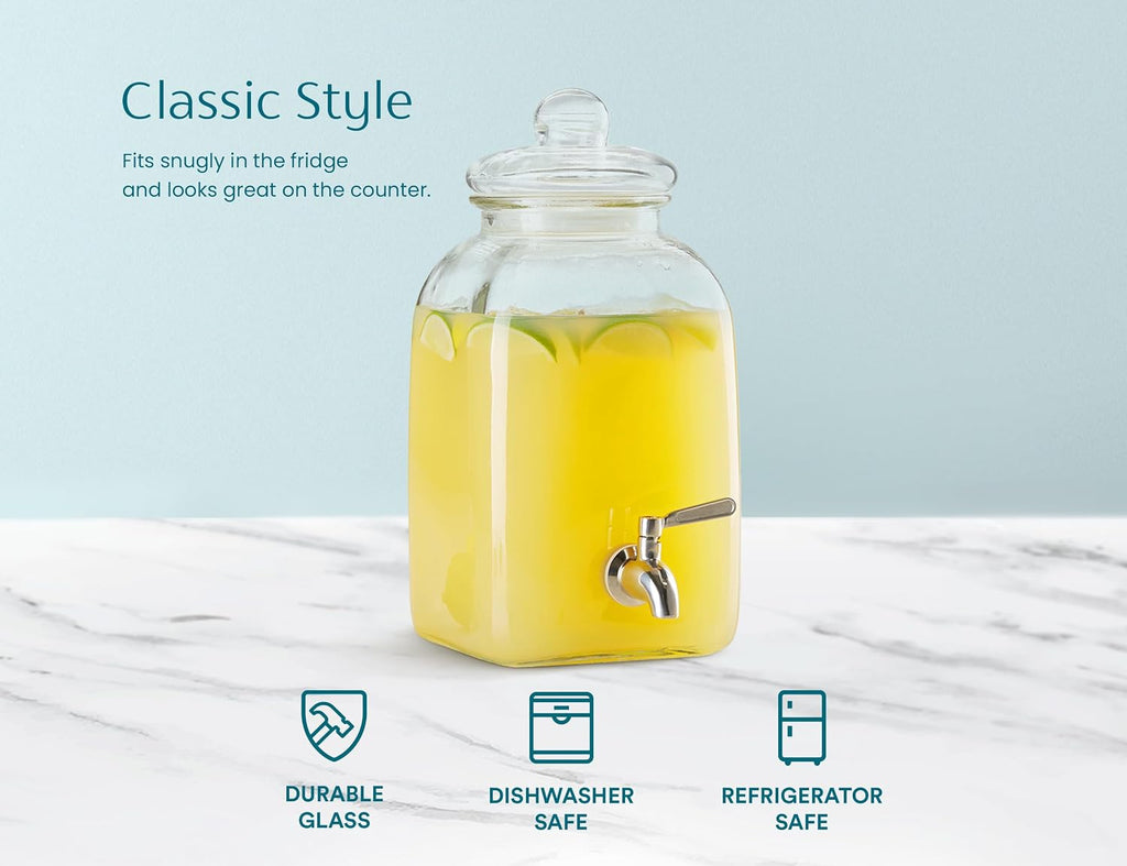 Glass Drink Dispenser, with Leak-Proof Stainless Steel Spigot and Customizable Label Tag, Clear Mason Jar, Beverage