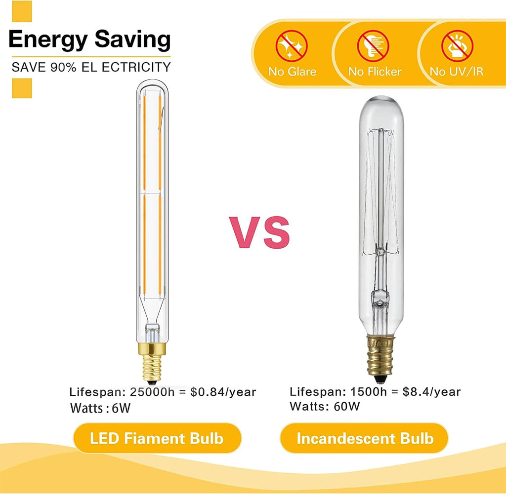 E12 LED Tube Bulbs,T6 Tubular Edison Style LED Filament Bulb, 6W Dimmable Antique LED Bulb,E12 Base,Clear Glass,Warm
