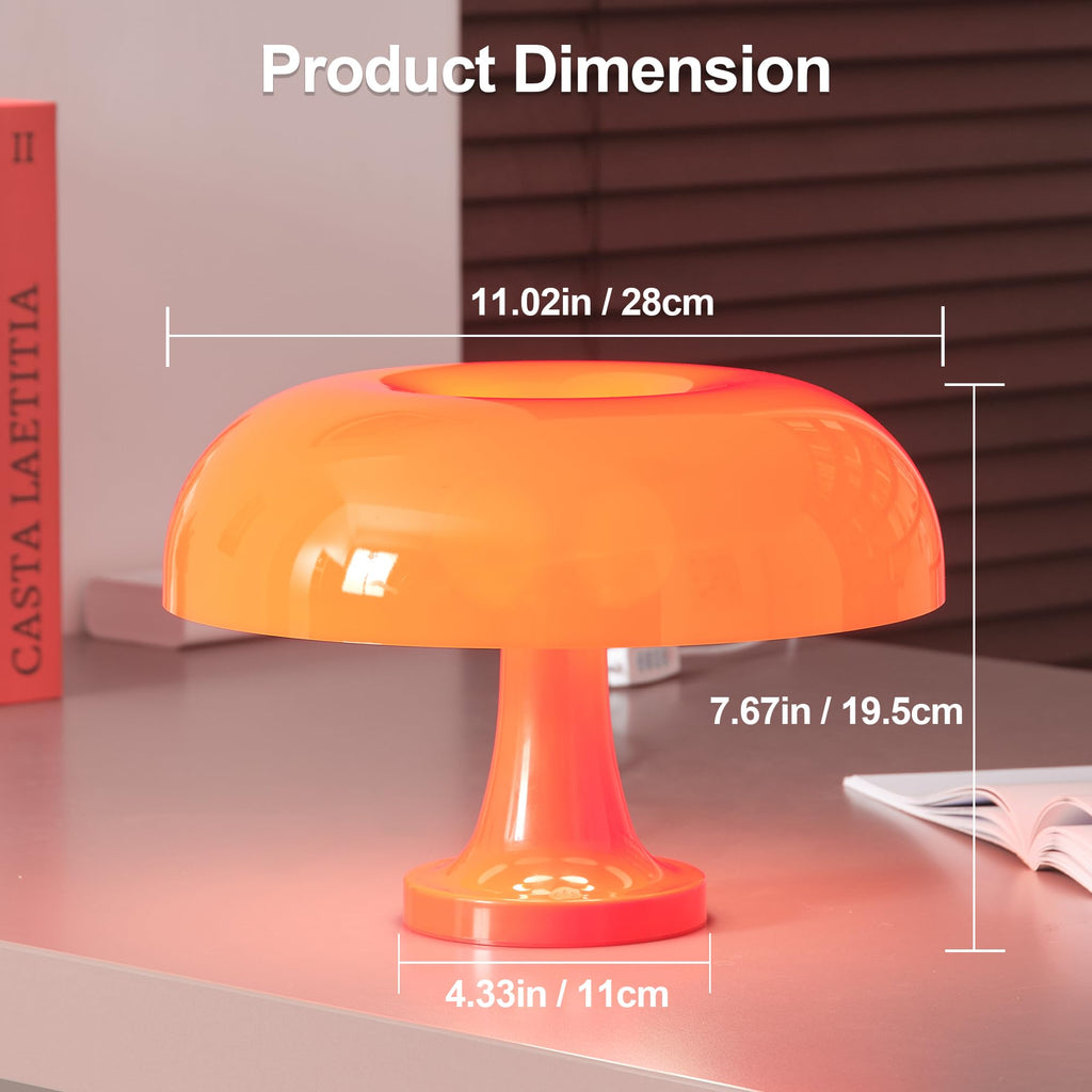 Cordless Mushroom Table Lamp, Rechargeable Orange Bedside Lamp with Touch Control and 3 Color Stepless Dimming