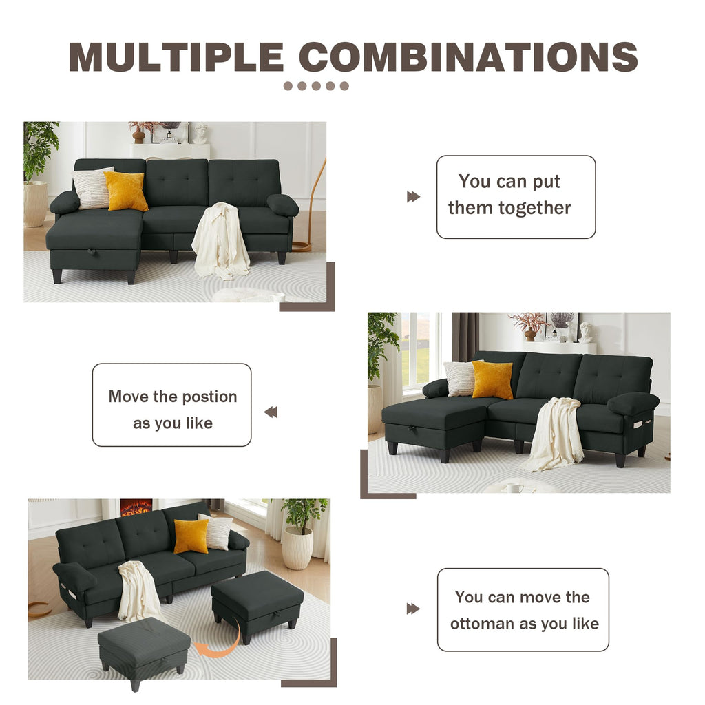 84" Convertible Sectional Sofa, Modern Linen Fabric Small L Shaped Couch with Reversible Chaise, 3-Seat Sofa Couches