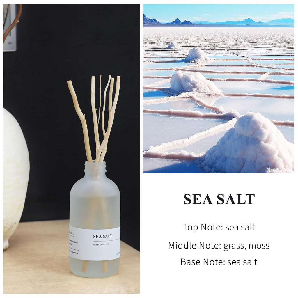 Sea Salt Reed Diffuser Set of 2-14.8 oz(220mlx2) Sea Salt Musk and Grass Essential Oils, Bathroom Air Freshener with