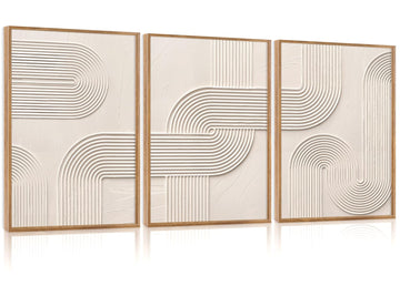 3D Textured Geometric Lines Framed Wall Art, Beige Relief Painting