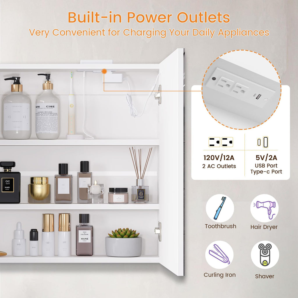 Bathroom Medicine Cabinet with Mirror & LED Lights, Wall Mount Bathroom Mirror with Storage, Built-in Power Outlets