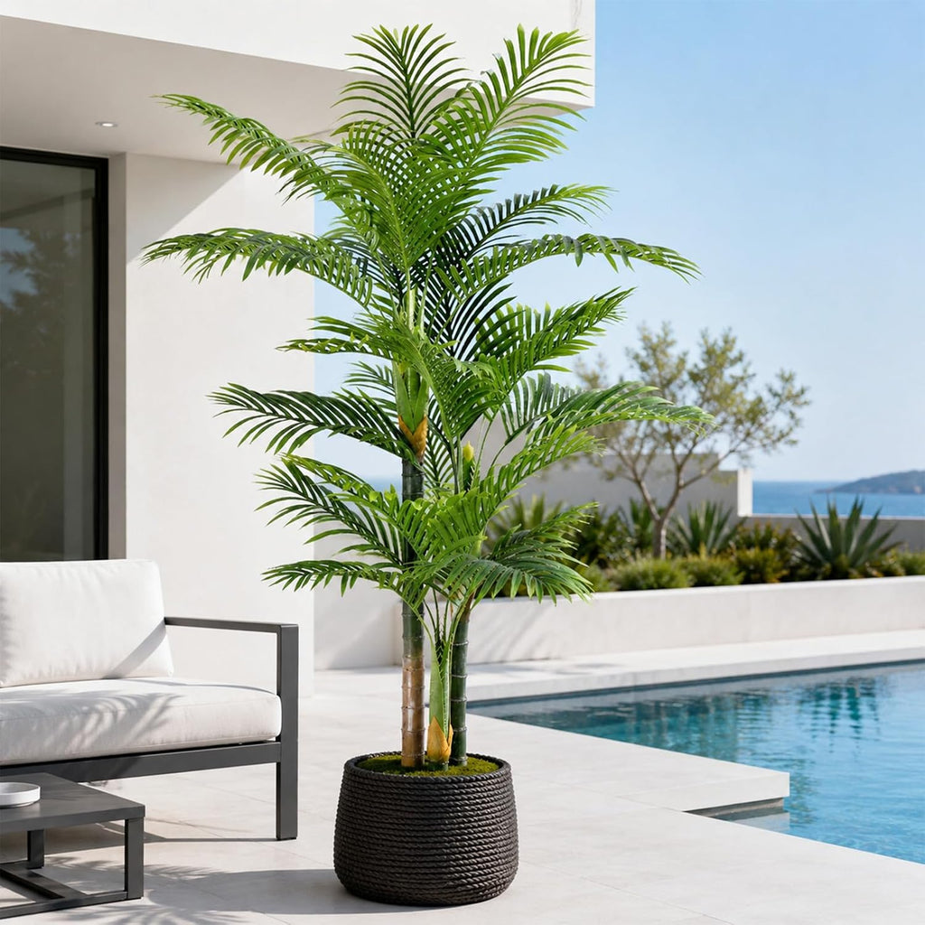 6FT Artificial Palm Tree - Tropical Faux Golden Cane Palm Tree UV Resistant Tall Fake Plant Indoor with Black Pot