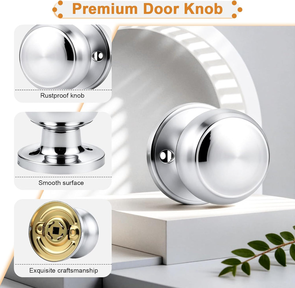 Polished Chrome Door Knob One Side 4 Pack, Fake Door Handles Dummy Function for Closet French Doors, Chrome Inactive