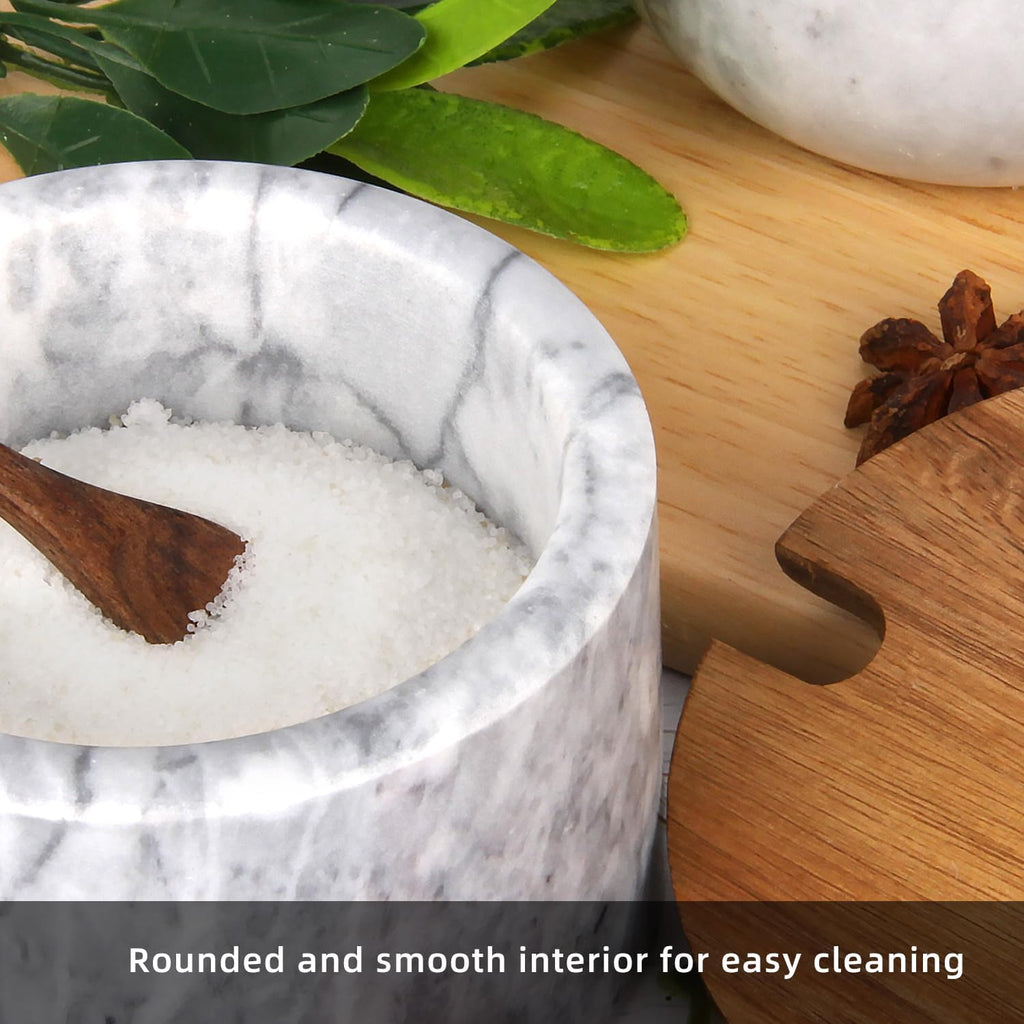 Marble Salt Cellar Box with Wood Lid & Spoon, Light Grey Bowl - Set of 3