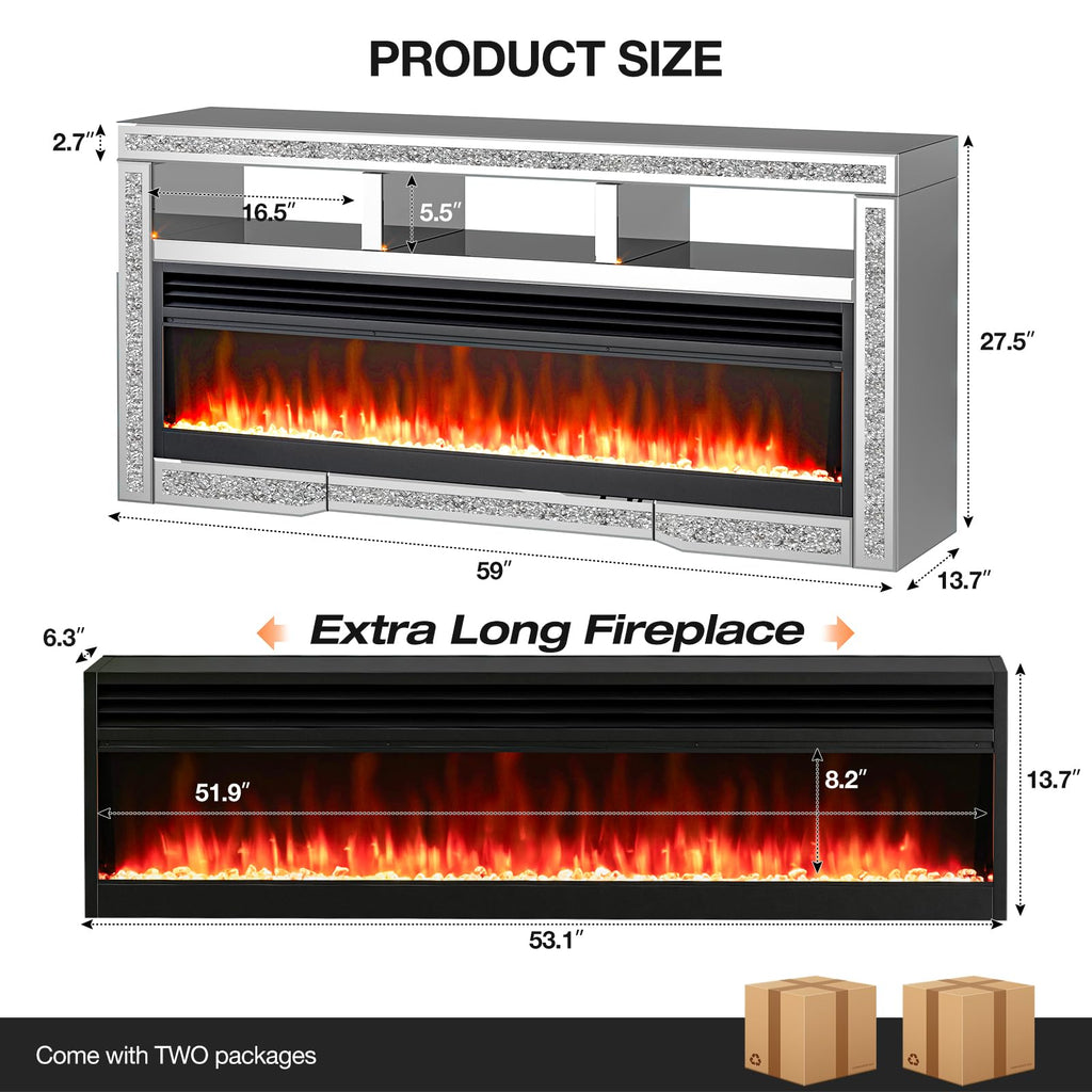 Mirrored Fireplace TV Stand for 65+ inch TV, Silver TV Console Table with Crushed Diamond and LED, Modern Media