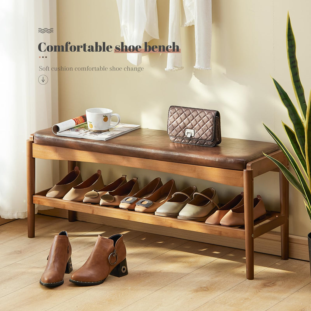 Shoe Rack Bench Entryway Bamboo Shoe Storage Bench with Leather Cushion 2 Tiers Shoe Rack Entryway Bench (Walnut