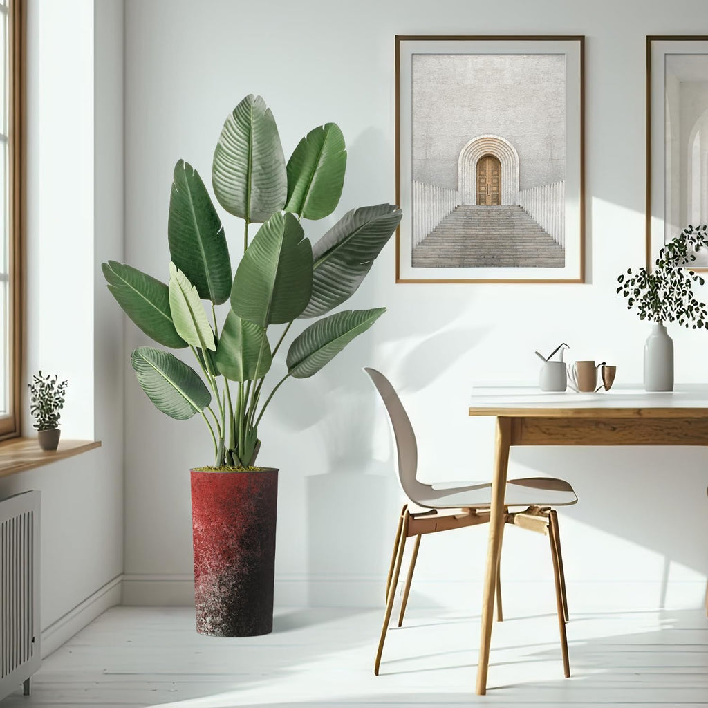 Artificial Tree in Modern Red & Black Paint Splatter Planter, Fake Bird of Paradise Silk Trees for Indoor and Outdoor